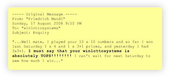 This is another authentic testimonial from an ordinary lotto player, just like you... This is another authentic testimonial from an ordinary lotto player, just like you...